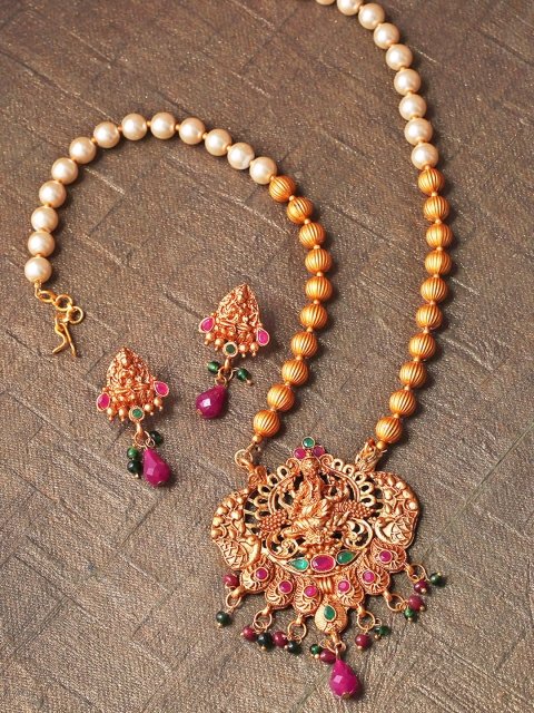 

Priyaasi Magenta & Green Gold-Plated Goddess Laxmi Stone-Studded Handcrafted Jewellery Set