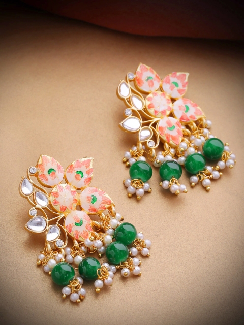 

Priyaasi Peach-Coloured Gold-Plated Kundan-Studded Handcrafted Floral Drop Earrings