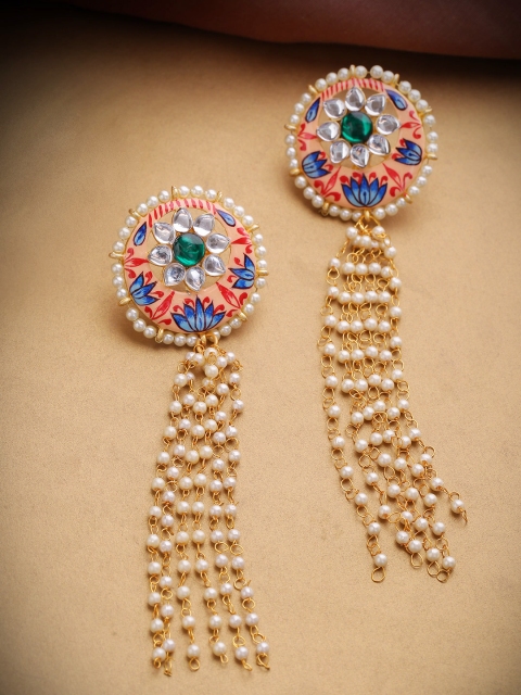 

Priyaasi Peach-Coloured Gold-Plated Kundan-Studded Handcrafted Circular Drop Earrings