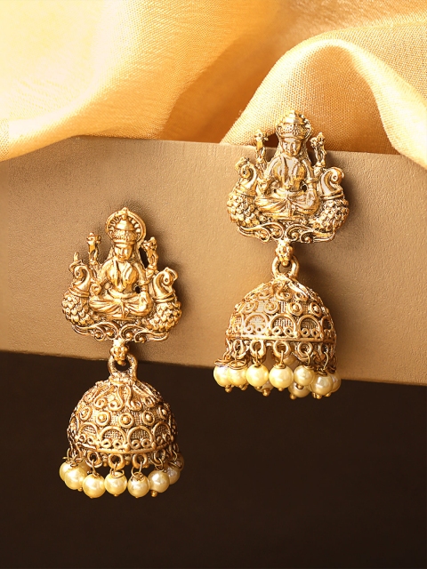 

Priyaasi Antique Gold-Plated Goddess Lakshmi Textured Dome Shaped Jhumkas