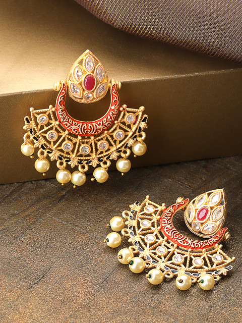 

Priyaasi Rust Red Gold-Plated Stone Studded & Beaded Meenakari Crescent Shaped Chandbalis