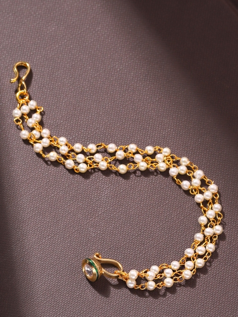 

Priyaasi White Gold-Plated Kundan Studded & Beaded Triple Chain Nose Pin