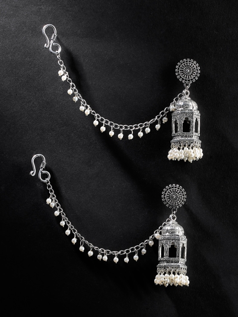 

Priyaasi White Oxidised Silver-Plated Beaded Handcrafted Dome Shaped Jhumkas