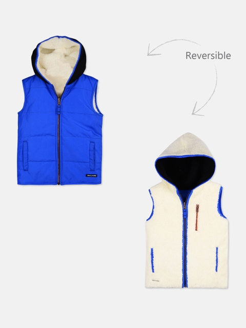 

Cherry Crumble Kids Blue & Off-White Solid Reversible Hooded Tailored Jacket