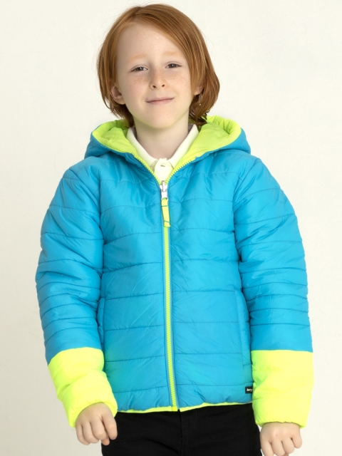 

Cherry Crumble Kids Fluorescent Green & Blue Solid Reversible Hooded Padded Jacket