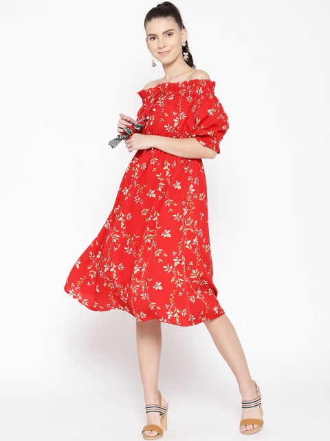 

MABISH by Sonal Jain Women Red & Beige Floral Print Off-Shoulder A-Line Dress