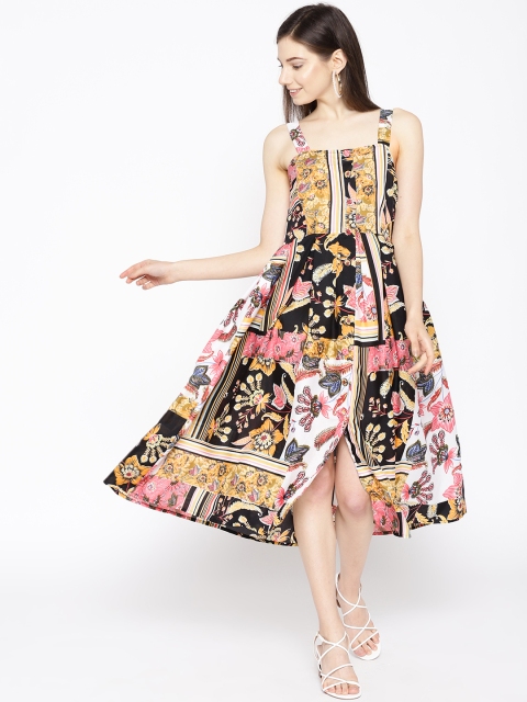 

MABISH by Sonal Jain Women Black & Mustard Yellow Floral Printed A-Line Dress