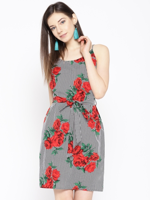 

MABISH by Sonal Jain Women Black & White Floral With Striped A-Line Dress