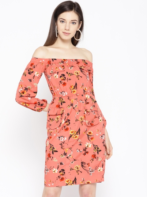 

MABISH by Sonal Jain Women Peach-Coloured Floral Print Off-Shoulder Shift Dress