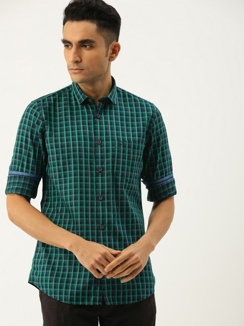 

Allen Solly Men Green & Navy Blue Modern Slim Fit Checked Casual Shirt