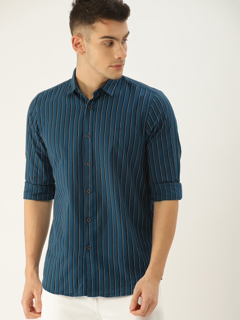 

Allen Solly Men Teal Blue & Black Modern Slim Fit Striped Casual Shirt