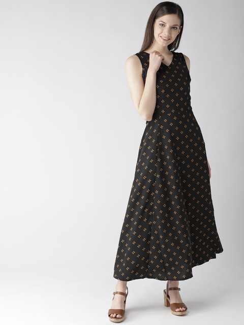 

plusS Women Black & Mustard Yellow Printed Maxi Dress