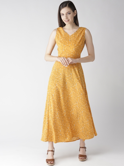 

plusS Women Printed Mustard Yellow & Off-White Printed Maxi Dress