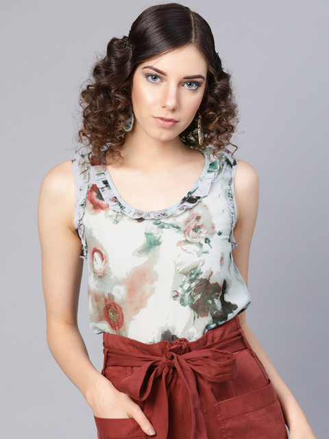 

I AM FOR YOU Women Grey & Green Floral Print Top