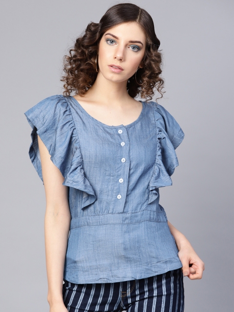 

I AM FOR YOU Women Blue Chambray Solid Styled Back Top