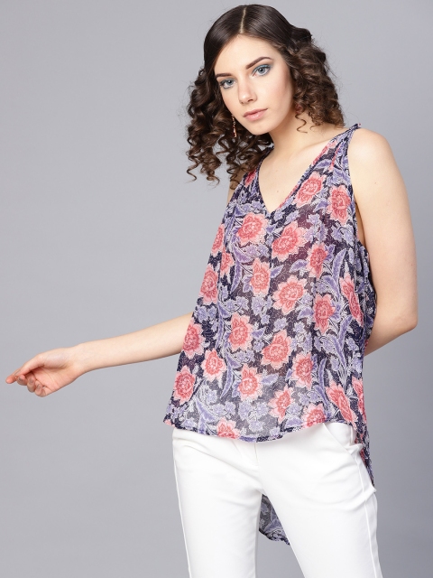 

I AM FOR YOU Women Navy & Peach-Coloured Floral Printed High-Low Top, Navy blue