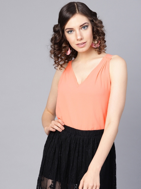 

I AM FOR YOU Women Peach-Coloured Solid High-Low Top