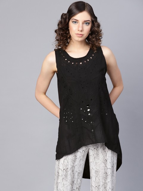 

I AM FOR YOU Women Black Schiffli Embroidered High-Low Top