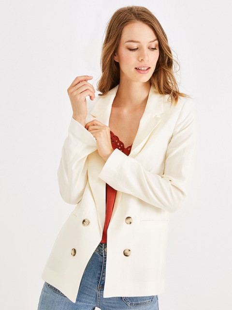 

promod Women Off-White Solid Regular Fit Open-Front Casual Blazer