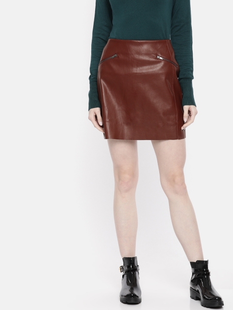 

promod Women Brown Solid Mini Straight Skirt