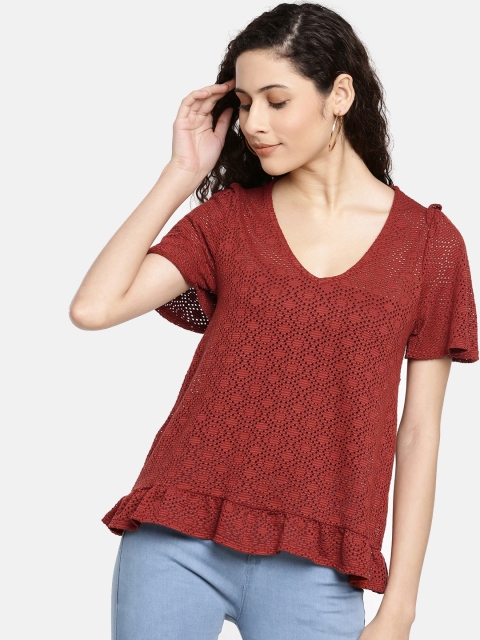 

promod Women Rust Red Solid Semi-Sheer Top