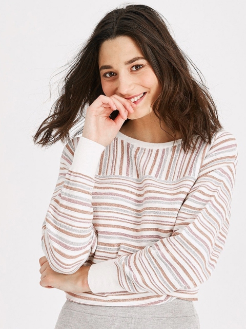 

promod Women White & Pink Striped Sweater