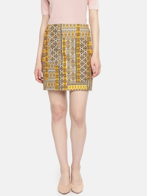 

promod Women Beige & Yellow Printed Pencil Skirt