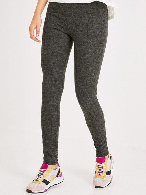 

promod Women Charcoal Grey Skinny Fit Checked Treggings