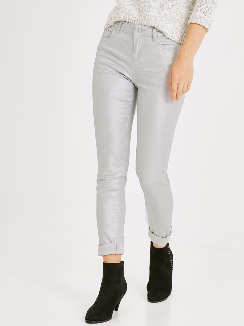 

promod Women Silver-Coloured Skinny Fit Mid-Rise Clean Look Stretchable Jeans