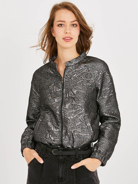 

promod Women Gunmetal-Toned Self Design Jacket, Metallic