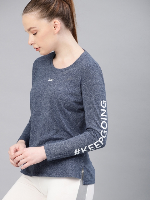

HRX by Hrithik Roshan Women Navy Blue Melange Solid Round Neck T-shirt