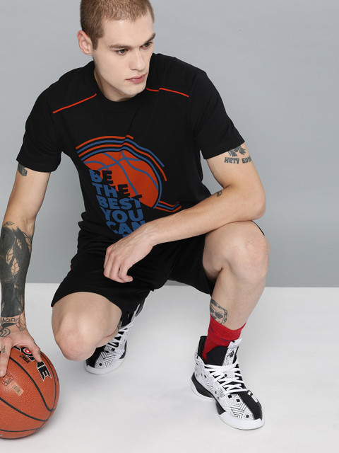 

HRX by Hrithik Roshan Men Black Printed Regular Fit Basketball Pure Cotton T-shirt