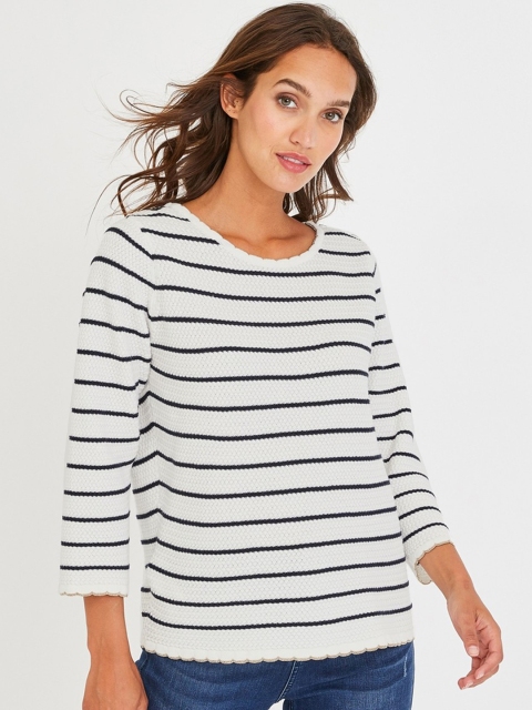

promod Women White & Navy Blue Striped Sweater