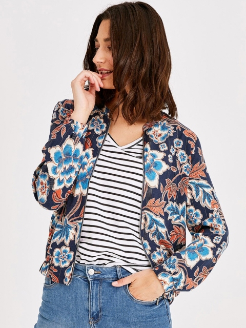 

promod Women Navy Blue & Off White Printed Lightweight Bomber Jacket
