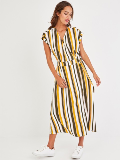 

promod Women Yellow & Olive Green Striped Wrap Dress