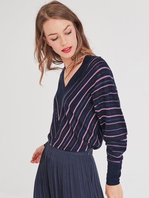 

promod Women Navy Blue & Pink Striped Sweater