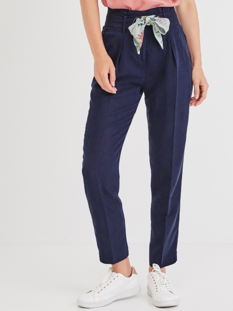 

promod Women Navy Blue Regular Fit Solid Regular Trousers