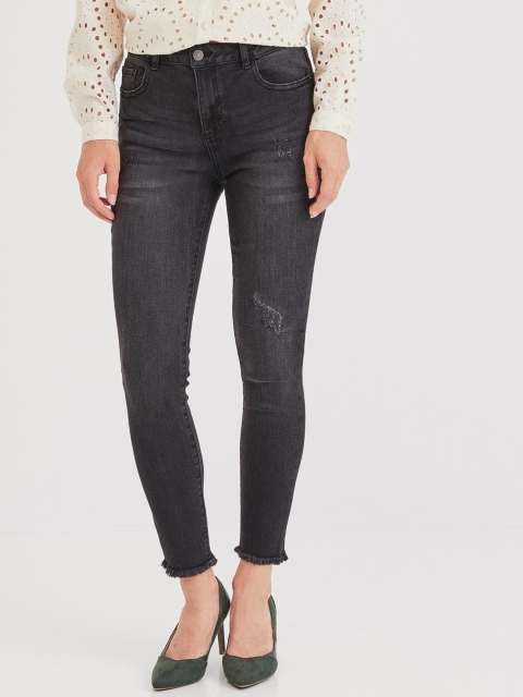 

promod Women Black Emile Skinny Fit High-Rise Low Distress Stretchable Jeans