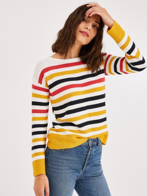 

promod Women White & Mustard Striped Sweater