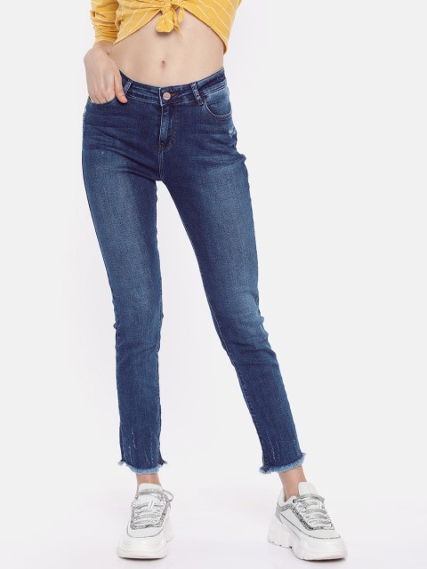 

SPYKAR Women Blue Adora Skinny Fit Mid-Rise Low Distress Cropped Stretchable Jeans
