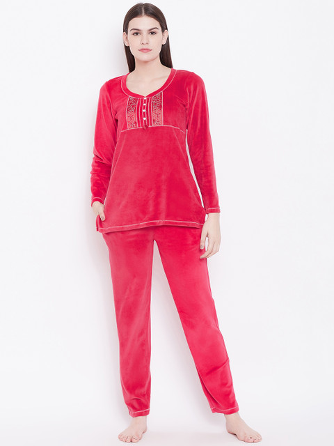 

Sweet Dreams Women Coral Red Velvet Finish Solid Night suit