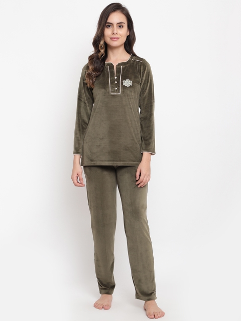 

Sweet Dreams Women Olive Green Solid Velour Finish Night Suit