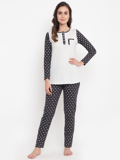 

Sweet Dreams Women Off-White & Black Solid Night Suit