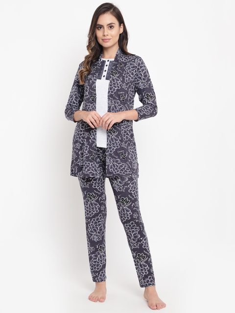 

Sweet Dreams Women Charcoal Grey & Off-White Floral Print Night Suit