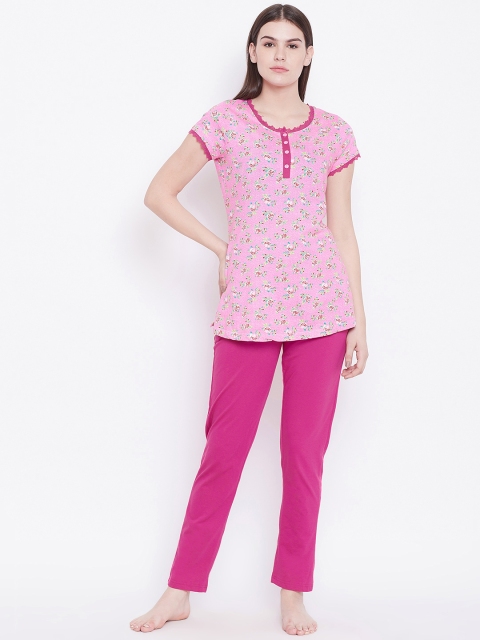 

Sweet Dreams Women Pink & Green Printed Night Suit with Lace Detail