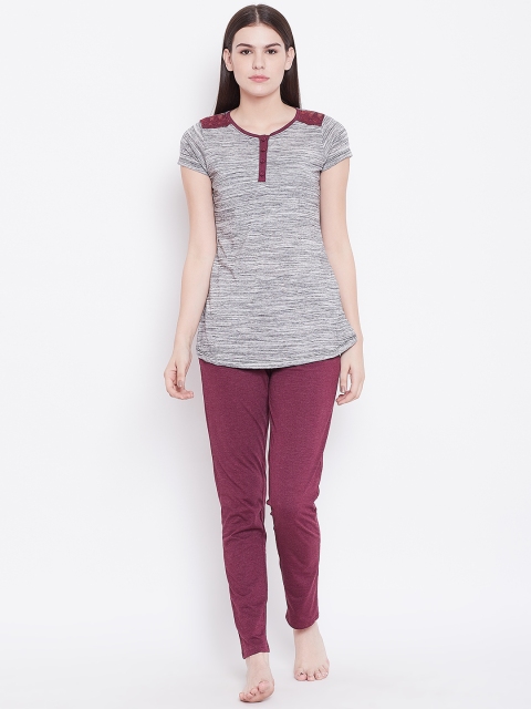 

Sweet Dreams Women Grey Melange & Burgundy Solid Night Suit with Lace Details