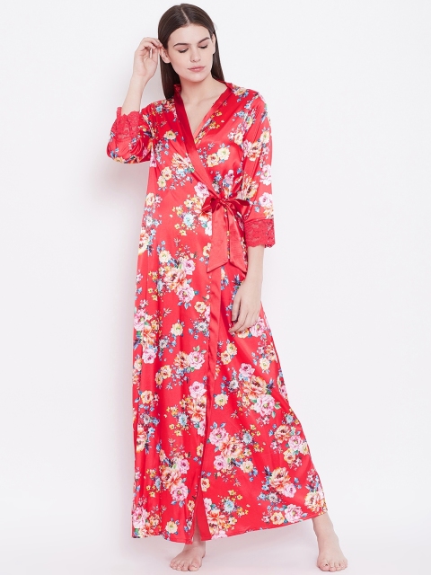 

Sweet Dreams Red Solid Satin Finish Nightdress With Robe