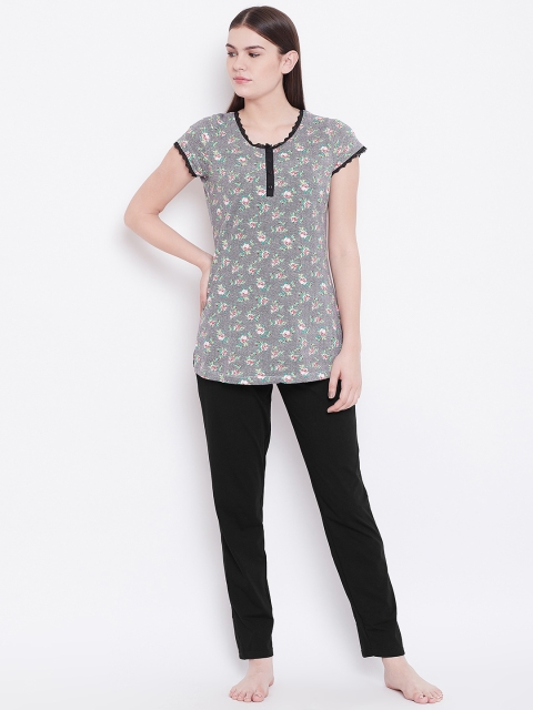 

Sweet Dreams Women Grey & Black Printed Night Suit with Lace Detail
