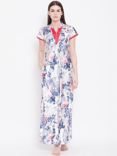 

Sweet Dreams Off-White & Blue Printed Satin Finish Maxi Nightdress