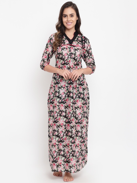

Sweet Dreams Black & Pink Floral Printed Nightdress